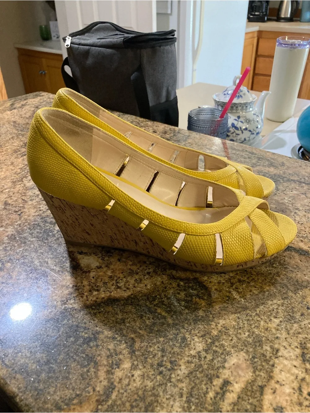 Nine West Yellow Textured Cork Wedge Peep-Toe Heels